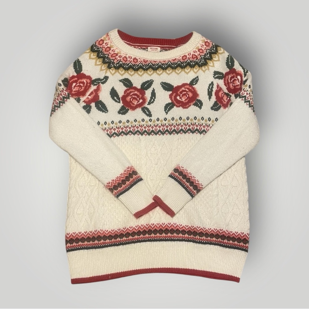 Mossimo Fair Isle Rose Sweater Metallic Knit Nordic Cottagecore Cozy Size M